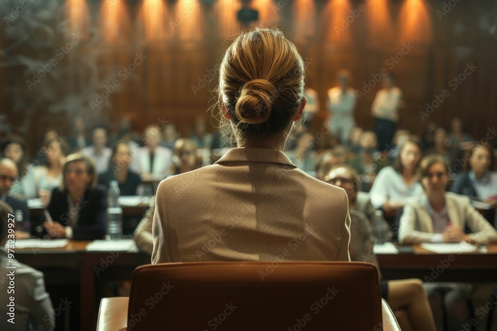 A woman sits in a chair addressing a crowd, great for use in presentations, lectures or speeches A woman sits in a chair addressing a crowd, great for use in presentations, lectures or speeches
