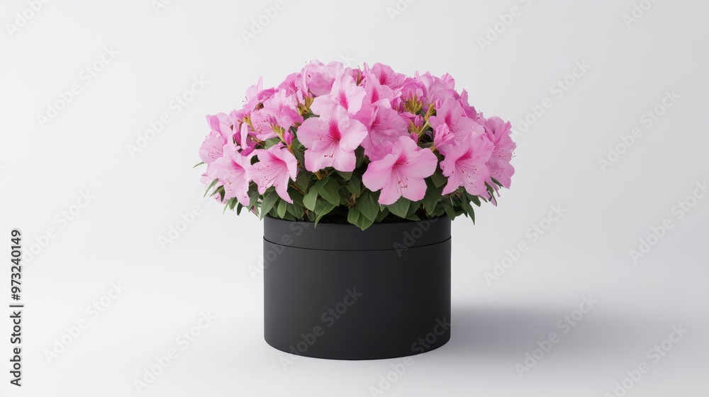 Bouquet of azaleas in an elegant black hat box on a white background Bouquet of azaleas in an elegant black hat box on a white background
