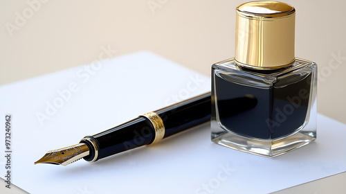 A refined product shot of a luxury fountain pen, ink, and paper