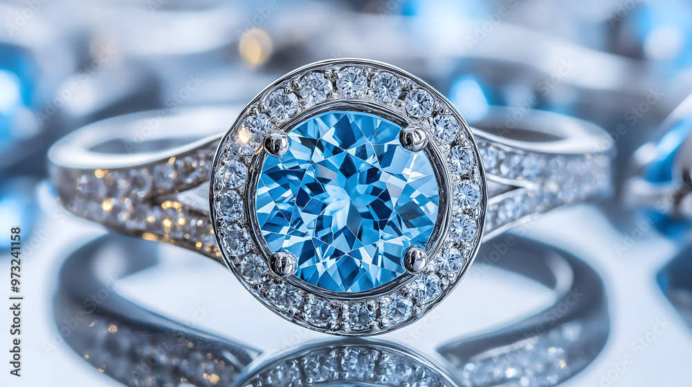 A dazzling white gold ring adorned with sparkling diamonds and one big sapphire, a timeless piece of jewelry perfect for any occasion A dazzling white gold ring adorned with sparkling diamonds and one big sapphire, a timeless piece of jewelry perfect for any occasion