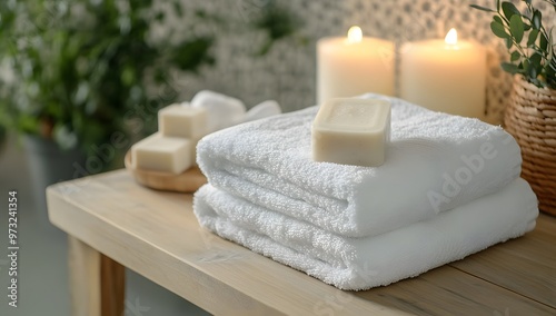 Spa accessory composition set in day spa hotel with luxurious products in a resort room