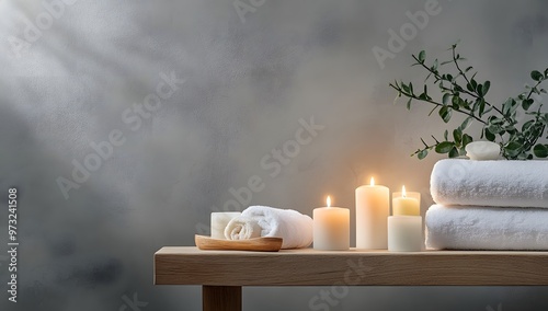 Spa accessory composition set in day spa hotel with luxurious products in a resort room photo