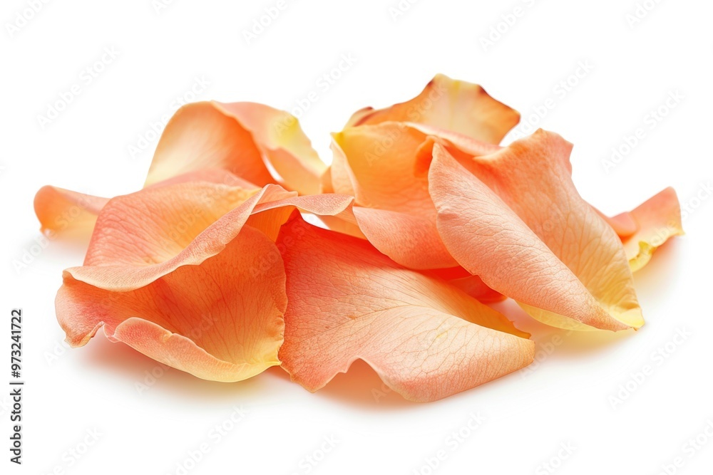 A colorful pile of rose petals on a white background A colorful pile of rose petals on a white background
