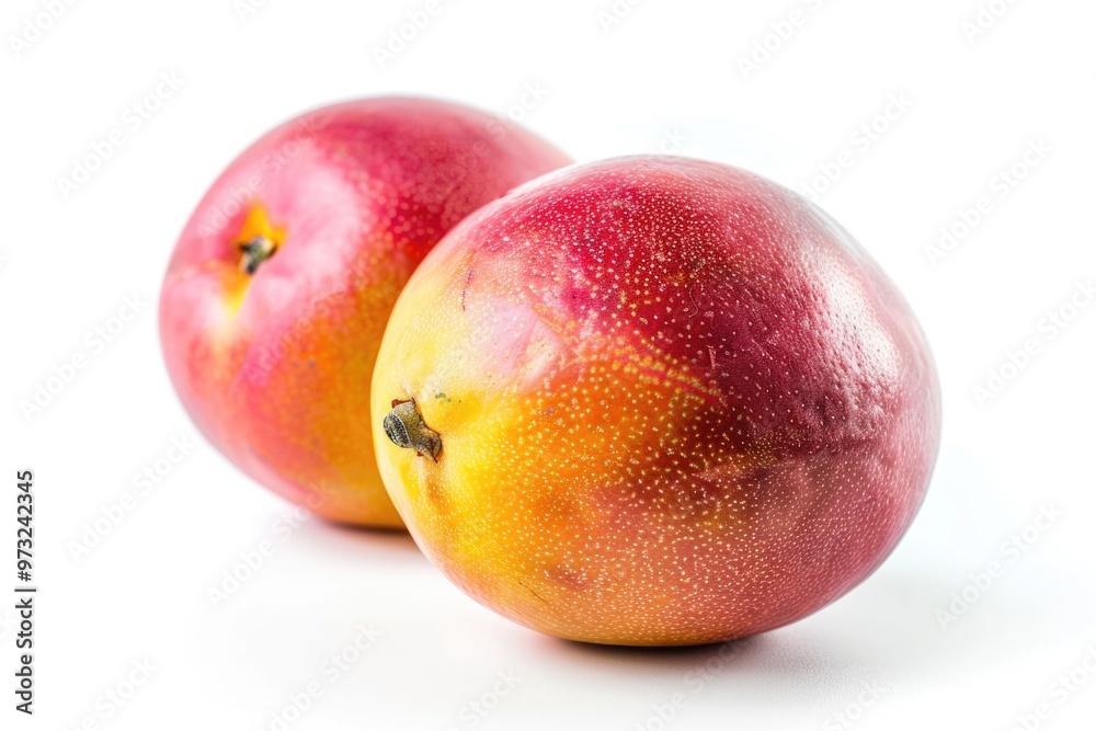 Two ripe mangoes sit side by side, perfect for a snack or decoration Two ripe mangoes sit side by side, perfect for a snack or decoration