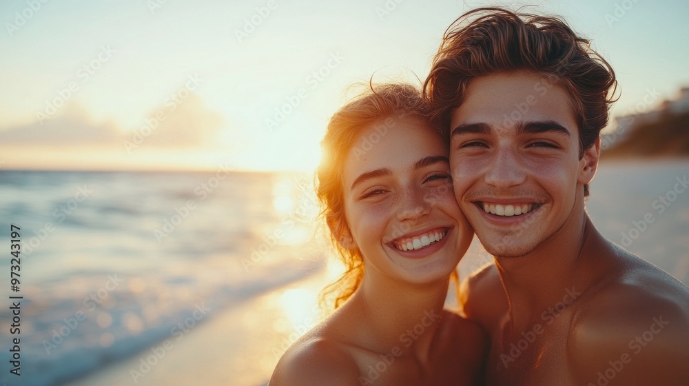 A couple is smiling and posing for a picture on the beach. The woman is wearing a bikini and the man is wearing a shirtless. Scene is happy and carefree A couple is smiling and posing for a picture on the beach. The woman is wearing a bikini and the man is wearing a shirtless. Scene is happy and carefree