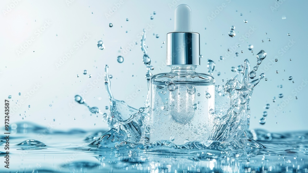Clear background serum bottle with water splash, Close-up photo with clean background Clear background serum bottle with water splash, Close-up photo with clean background