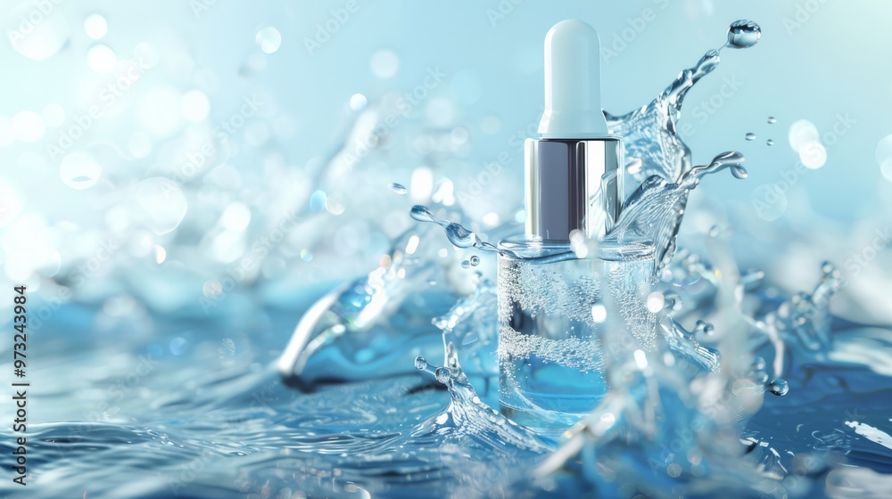 Clear background serum bottle with water splash, Close-up photo with clean background Clear background serum bottle with water splash, Close-up photo with clean background