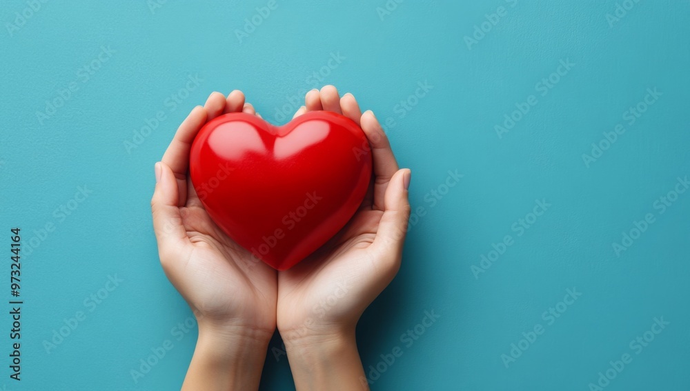 hands hold a red heart on a blue background. 
