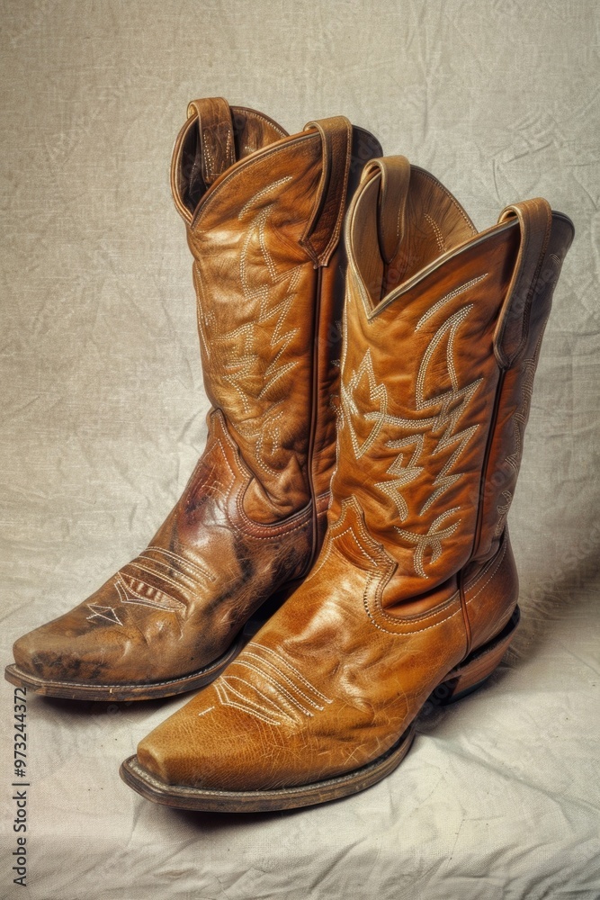 A pair of worn brown cowboy boots sit on a bed, ready to be used or put away A pair of worn brown cowboy boots sit on a bed, ready to be used or put away