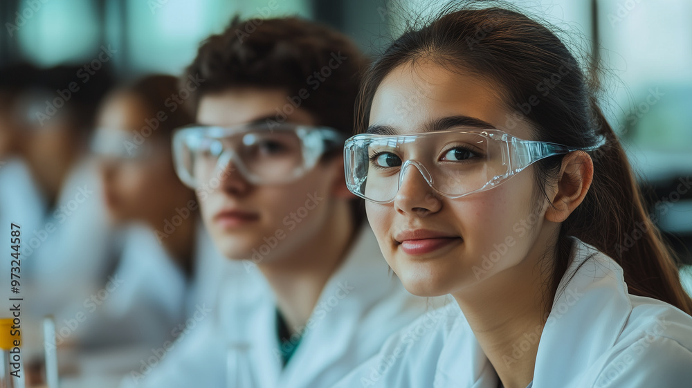 Asian and caucasian students in a chemistry lab, wearing labcoat and protective safety glasses. High school student during classes in biochemistry classes. Engineering study. Talented smart female stu Asian and caucasian students in a chemistry lab, wearing labcoat and protective safety glasses. High school student during classes in biochemistry classes. Engineering study. Talented smart female stu