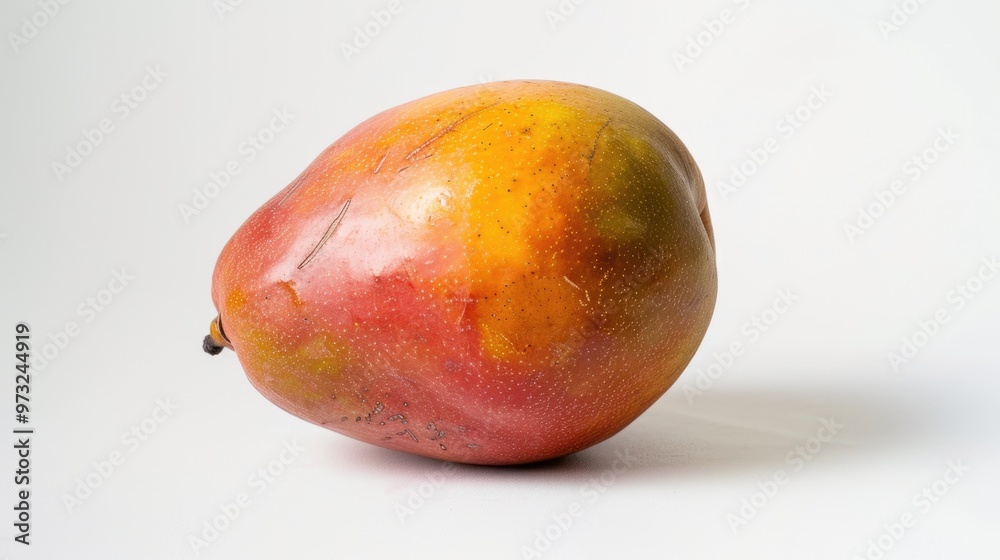 A single ripe mango sitting on a clean white surface, perfect for food photography or design projects A single ripe mango sitting on a clean white surface, perfect for food photography or design projects
