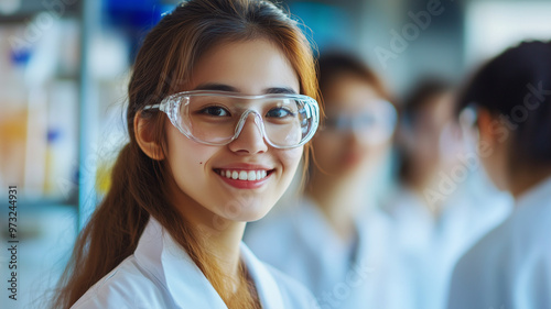 Wallpaper Mural Asian and caucasian students in a chemistry lab, wearing labcoat and protective safety glasses. High school student during classes in biochemistry classes. Engineering study. Talented smart female stu Torontodigital.ca