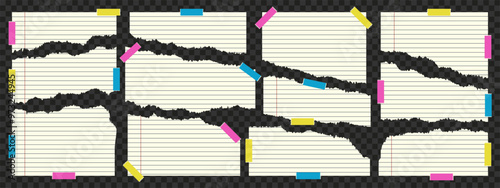 Set of blank white note, notebook paper sheets attached with colorful sticky tape pieces on dark transparent background