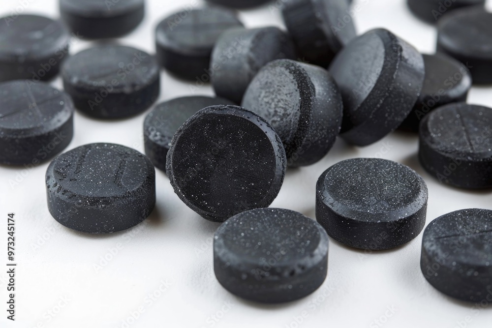 A pile of black candy sits on top of a white table, perfect for use in food or dessert photography A pile of black candy sits on top of a white table, perfect for use in food or dessert photography