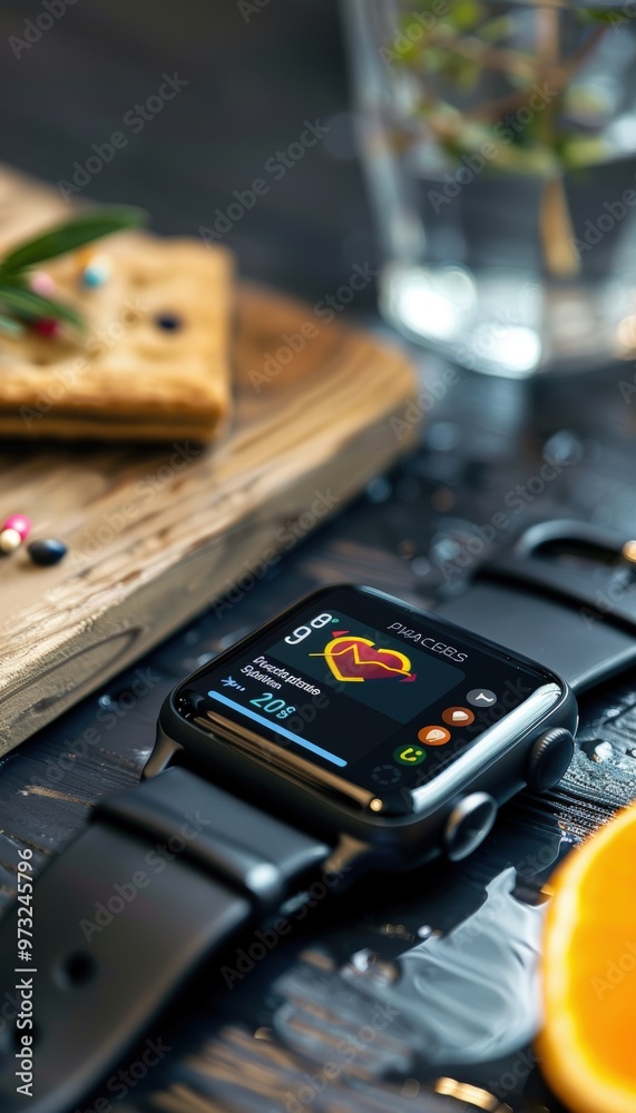 Health Tracking Digital Smartwatch with Breast Self-Exam Reminder, Healthy Snack, and Water Background Health Tracking Digital Smartwatch with Breast Self-Exam Reminder, Healthy Snack, and Water Background