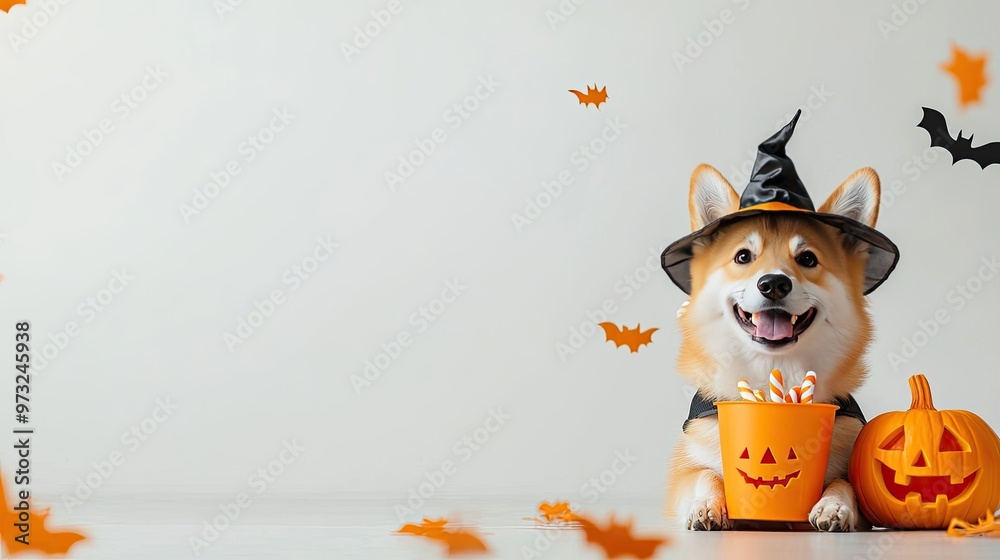 A cheerful dog in a witch hat, surrounded by Halloween decorations, ready for festive fun and celebration. Halloween Background, Halloween Dog A cheerful dog in a witch hat, surrounded by Halloween decorations, ready for festive fun and celebration. Halloween Background, Halloween Dog