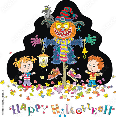 Happy Halloween card with cheerful little boy and girl jumping near a funny scarecrow with a pumpkin had and a crow perched on its witch hat on a dark holiday night, vector cartoon
