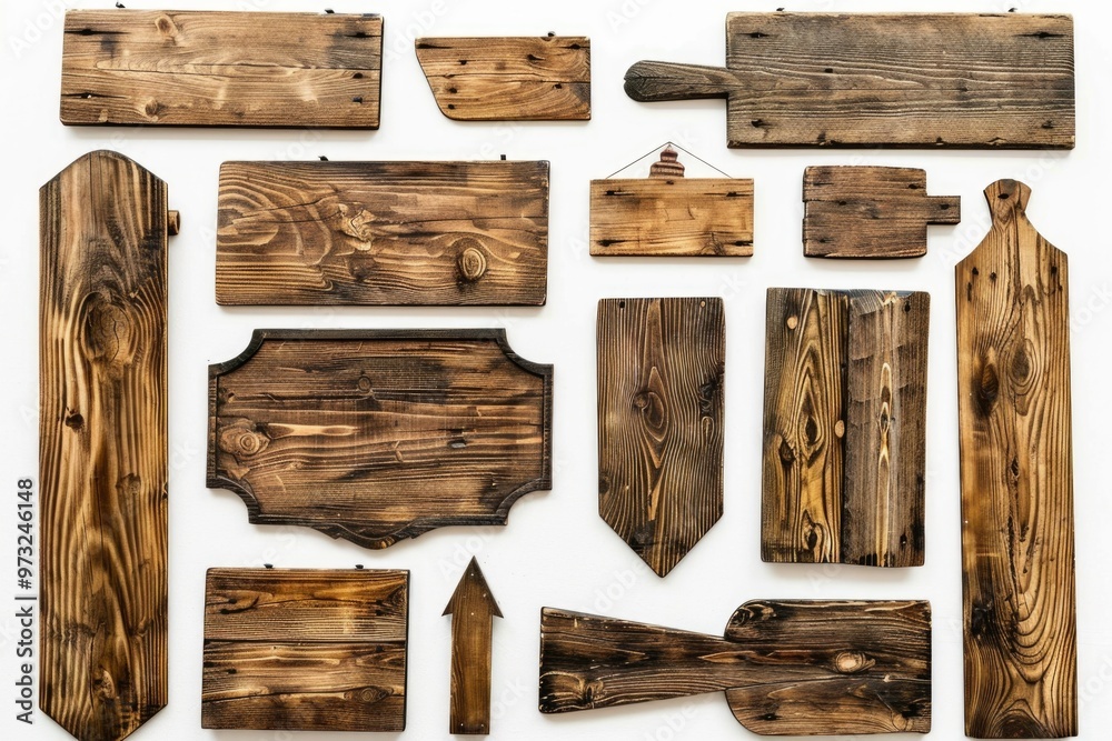 Naklejka premium A set of wooden signs hanging on a wall, with various messages and designs