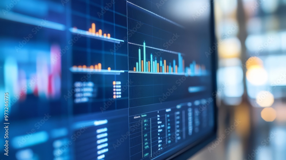 Financial data is being analyzed through detailed graphs on a sleek monitor Financial data is being analyzed through detailed graphs on a sleek monitor