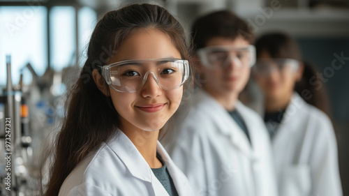 Asian and caucasian students in a chemistry lab  wearing labcoat and protective safety glasses. High school student during classes in biochemistry classes. Engineering study. Talented smart female stu