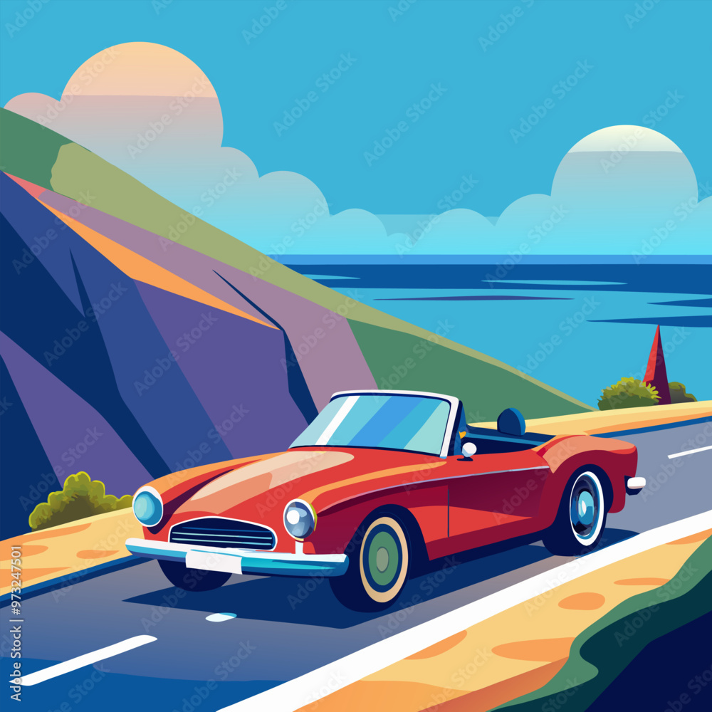 A classic red convertible drives along a coastal road, with a mountain in the background and a blue ocean, creating a scenic backdrop for a relaxing drive. A classic red convertible drives along a coastal road, with a mountain in the background and a blue ocean, creating a scenic backdrop for a relaxing drive.