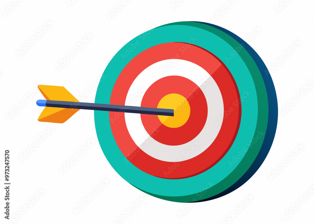 A colorful illustration of a target with an arrow in the center, perfect for representing achievement, success, and goal-oriented thinking. This vector graphic is ideal for presentations.