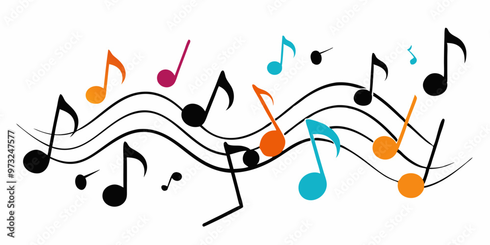 A whimsical illustration of musical notes dancing on a staff. The ...