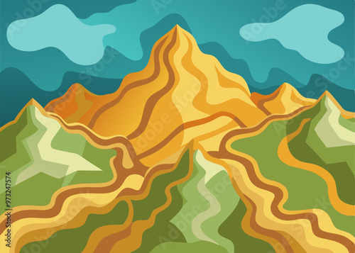 A vibrant illustration depicting a mountainous landscape with a dynamic, layered design. The mountains are rendered in shades of green and yellow, creating a sense of depth and dimension.