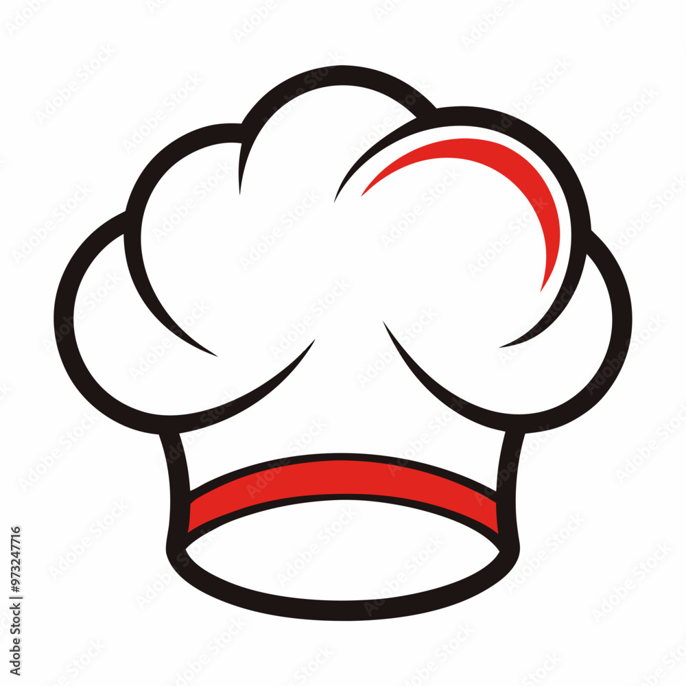 A simple yet effective illustration of a chef's hat. The hat is white with a red band and a red stripe on the top, making it ideal for use in culinary-themed designs, restaurant menus, or branding. A simple yet effective illustration of a chef's hat. The hat is white with a red band and a red stripe on the top, making it ideal for use in culinary-themed designs, restaurant menus, or branding.
