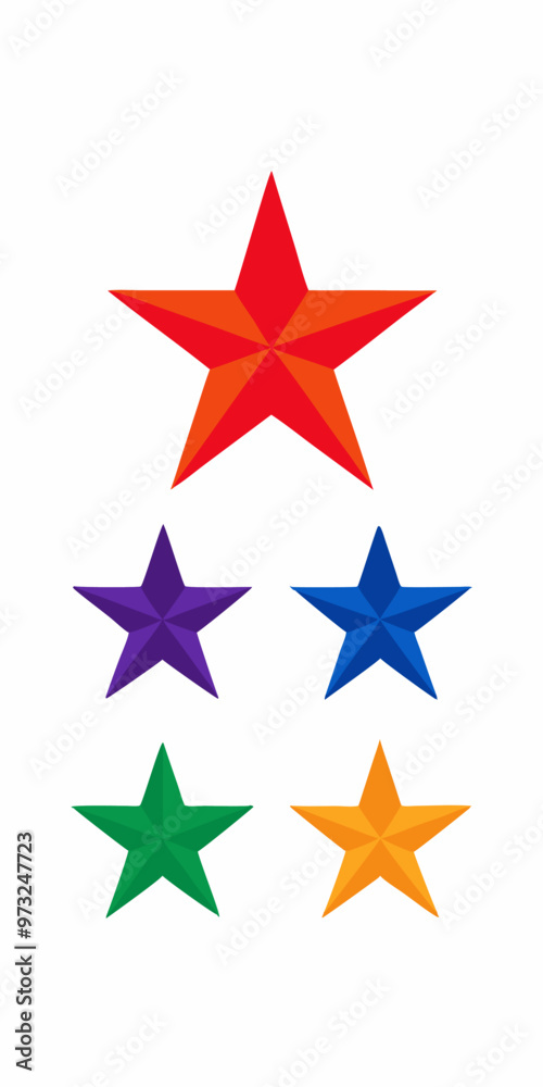 A set of four colorful stars, each in a different shade of red, purple, blue, green, and yellow.  These stars are perfect for adding a touch of fun and whimsy to your designs.