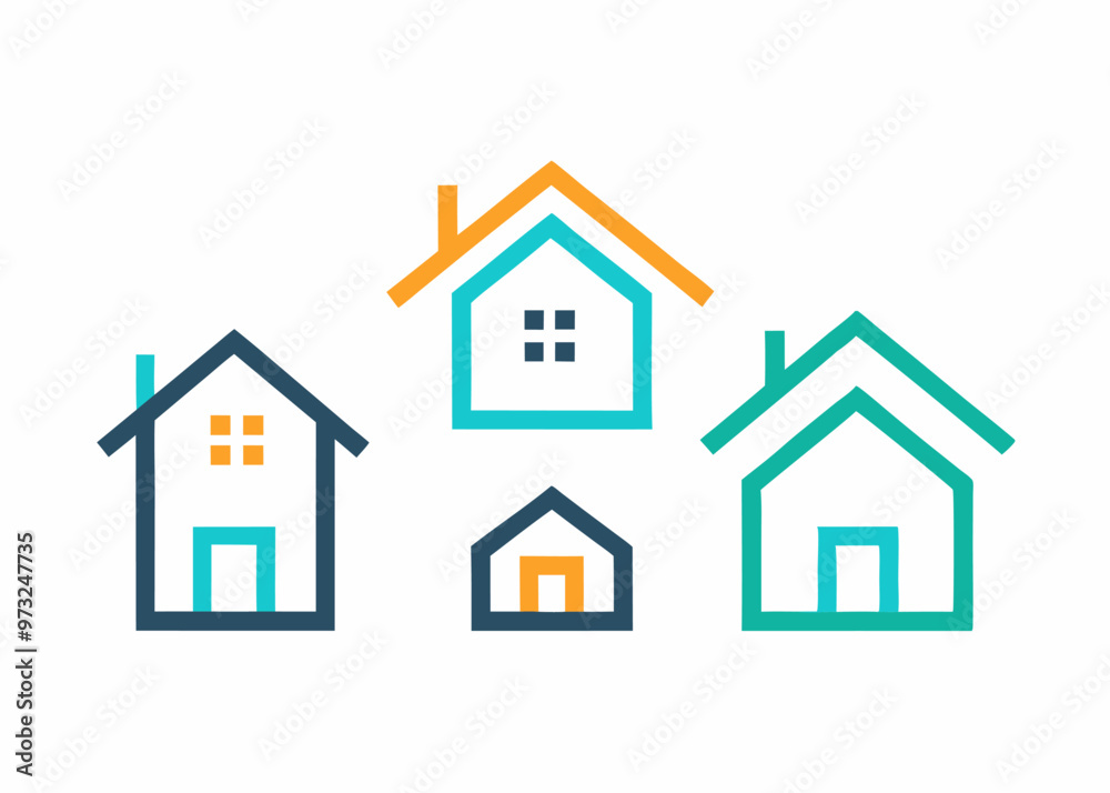 Simple and modern line art illustration of four houses in different sizes and colors. Ideal for use in presentations, websites, or social media. Perfect for real estate, home improvement. Simple and modern line art illustration of four houses in different sizes and colors. Ideal for use in presentations, websites, or social media. Perfect for real estate, home improvement.