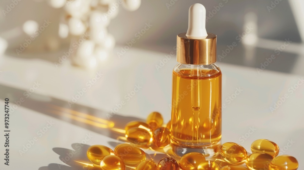 Close-up of collagen serum and vitamins on a plain white background, clean background Close-up of collagen serum and vitamins on a plain white background, clean background
