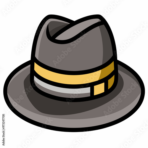 A classic fedora hat illustration, perfect for adding a touch of vintage style to your designs. This vector graphic features a detailed design with a grey felt hat, a yellow band.