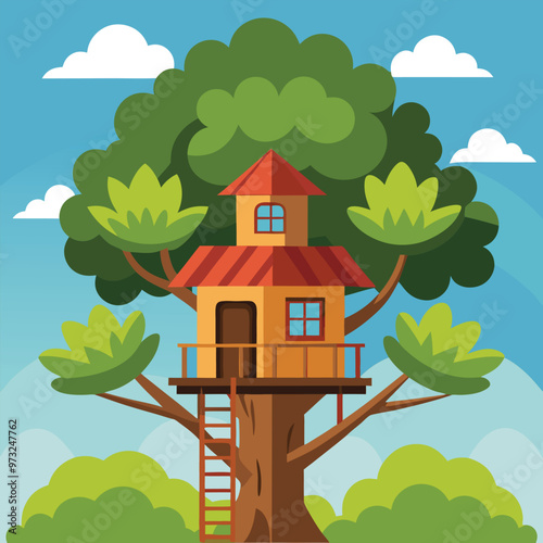 Children wooden house on oak. Tree with ladder and kid tree-house