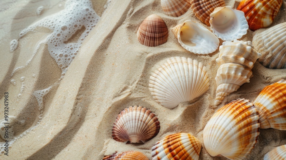 Close-up shot of a cluster of sea shells in a mix of textures and colors, set against a smooth, beige sand background that enhances the shell details Close-up shot of a cluster of sea shells in a mix of textures and colors, set against a smooth, beige sand background that enhances the shell details