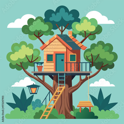 Children wooden house on oak. Tree with ladder and kid tree-house