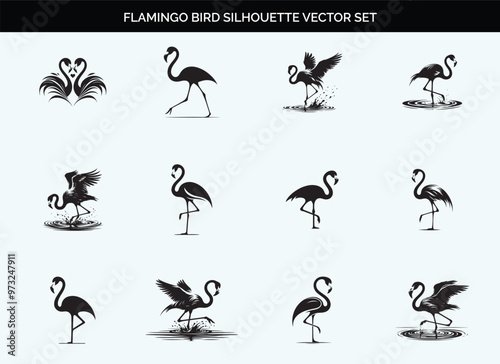 Black Silhouette of Flamingo Bird - Editable Vector on Transparent Background