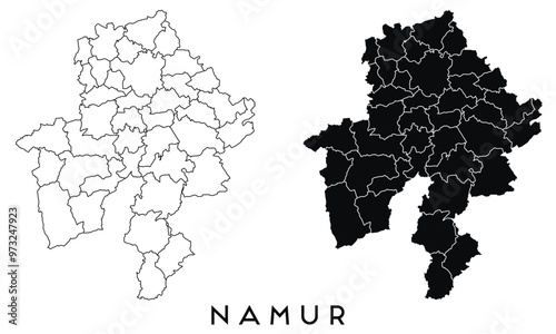 Namur map of regions districts vector black on white and outline photo