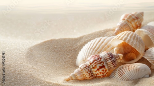 Close-up shot of a cluster of sea shells in a mix of textures and colors, set against a smooth, beige sand background that enhances the shell details photo