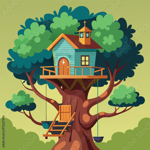 Children wooden house on oak. Tree with ladder and kid tree-house