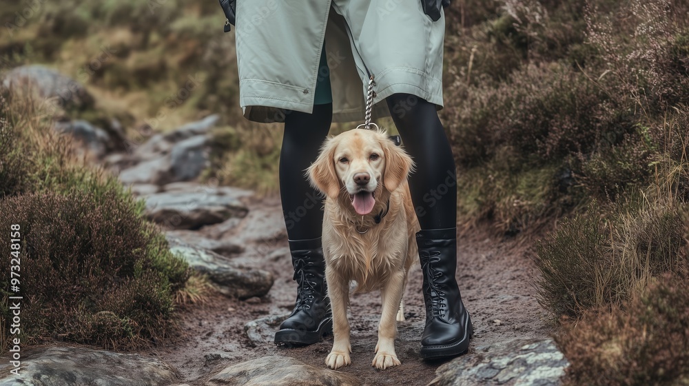 A person walks a playful golden retriever along a rugged trail in the countryside during an overcast day A person walks a playful golden retriever along a rugged trail in the countryside during an overcast day