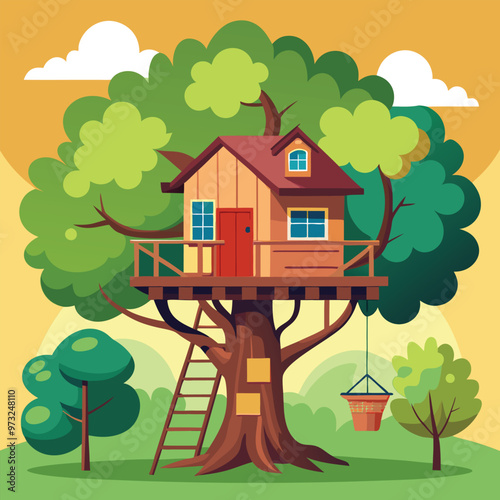 Children wooden house on oak. Tree with ladder and kid tree-house