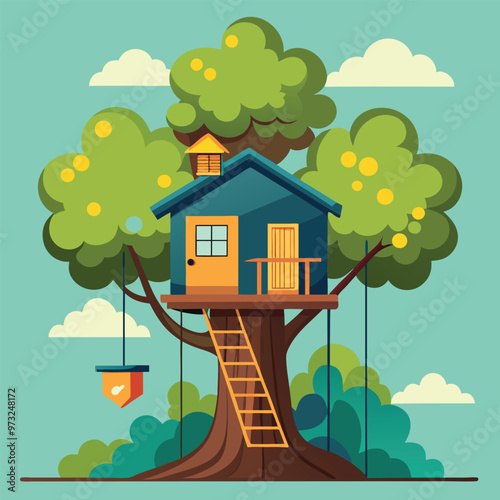 Children wooden house on oak. Tree with ladder and kid tree-house