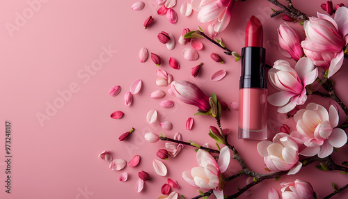 makeup cosmetics and magnolia flowers on table background