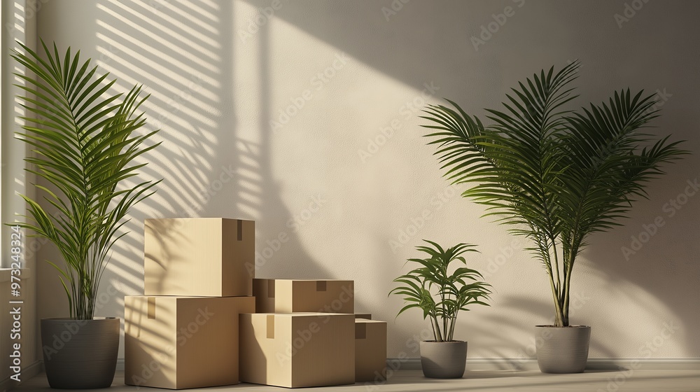 Fototapeta premium Cardboard moving boxes and potted palm plants stand in an empty room with warm sunlight casting blind shadows on the wall.