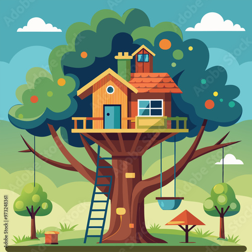 Children wooden house on oak. Tree with ladder and kid tree-house