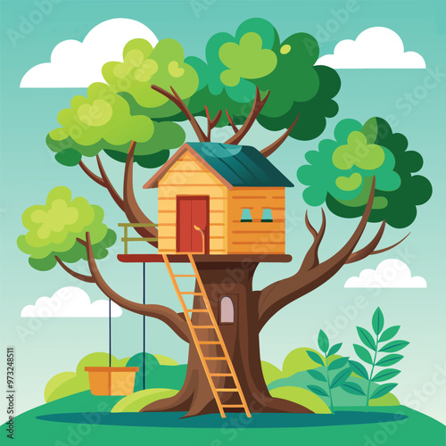 Children wooden house on oak. Tree with ladder and kid tree-house