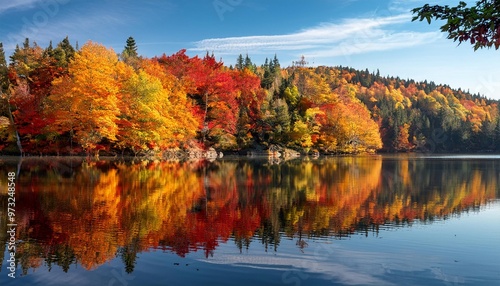 Colorful Autumn Foliage Reflecting in Still Lake, Creating a Picture-Perfect Scene