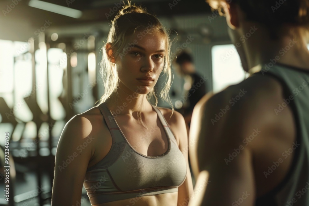 A woman and her partner exercising together in a gym setting, focusing on fitness and teamwork A woman and her partner exercising together in a gym setting, focusing on fitness and teamwork