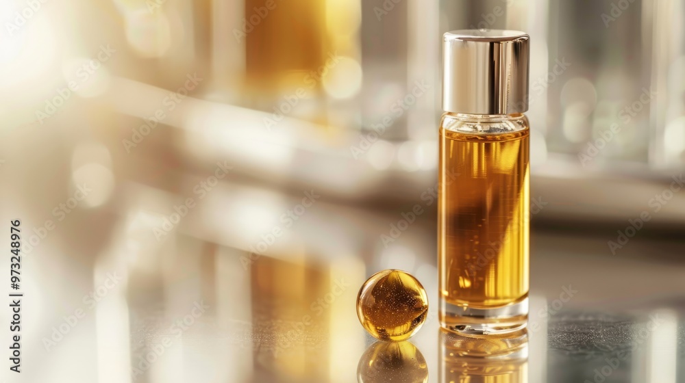 Naklejka premium Collagen serum vial with golden liquid and ball on glossy surface Close-up photo with clean background